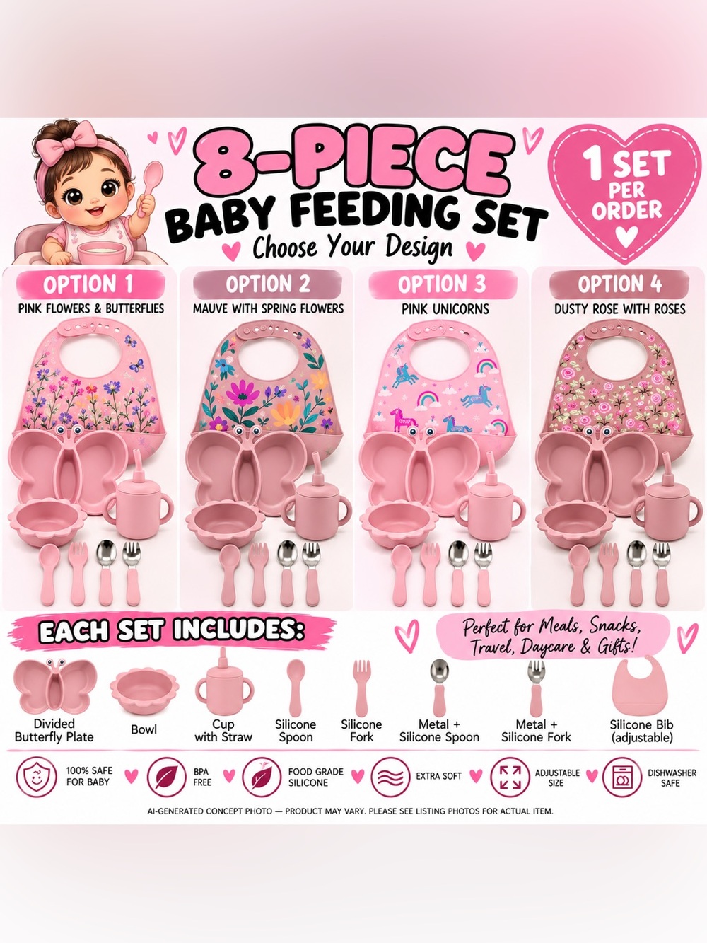 8-PIECE SILICONE BABY FEEDING SET — CHOOSE YOUR DESIGN